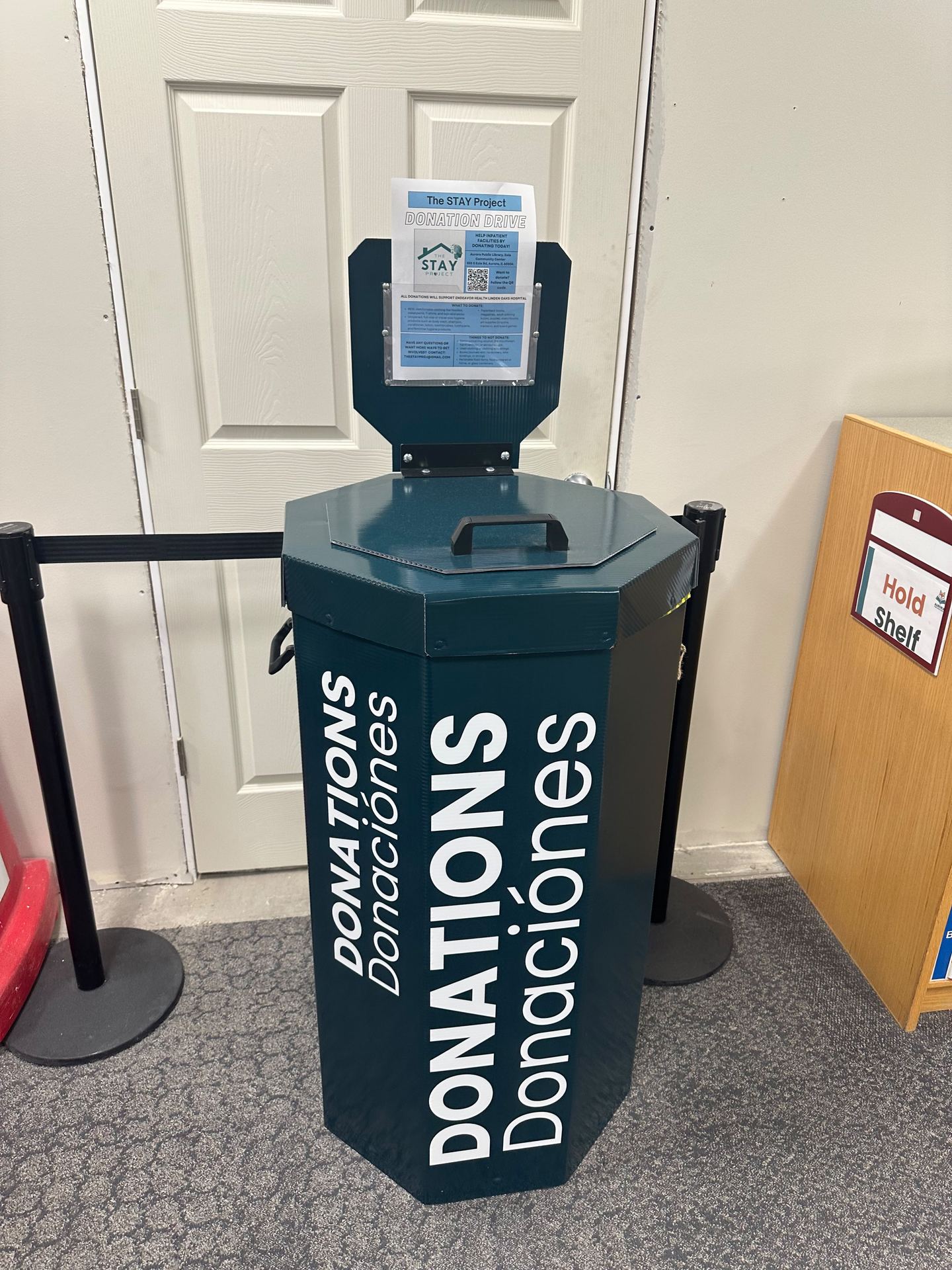 Donation drive drop-off box at the Aurora Public Library