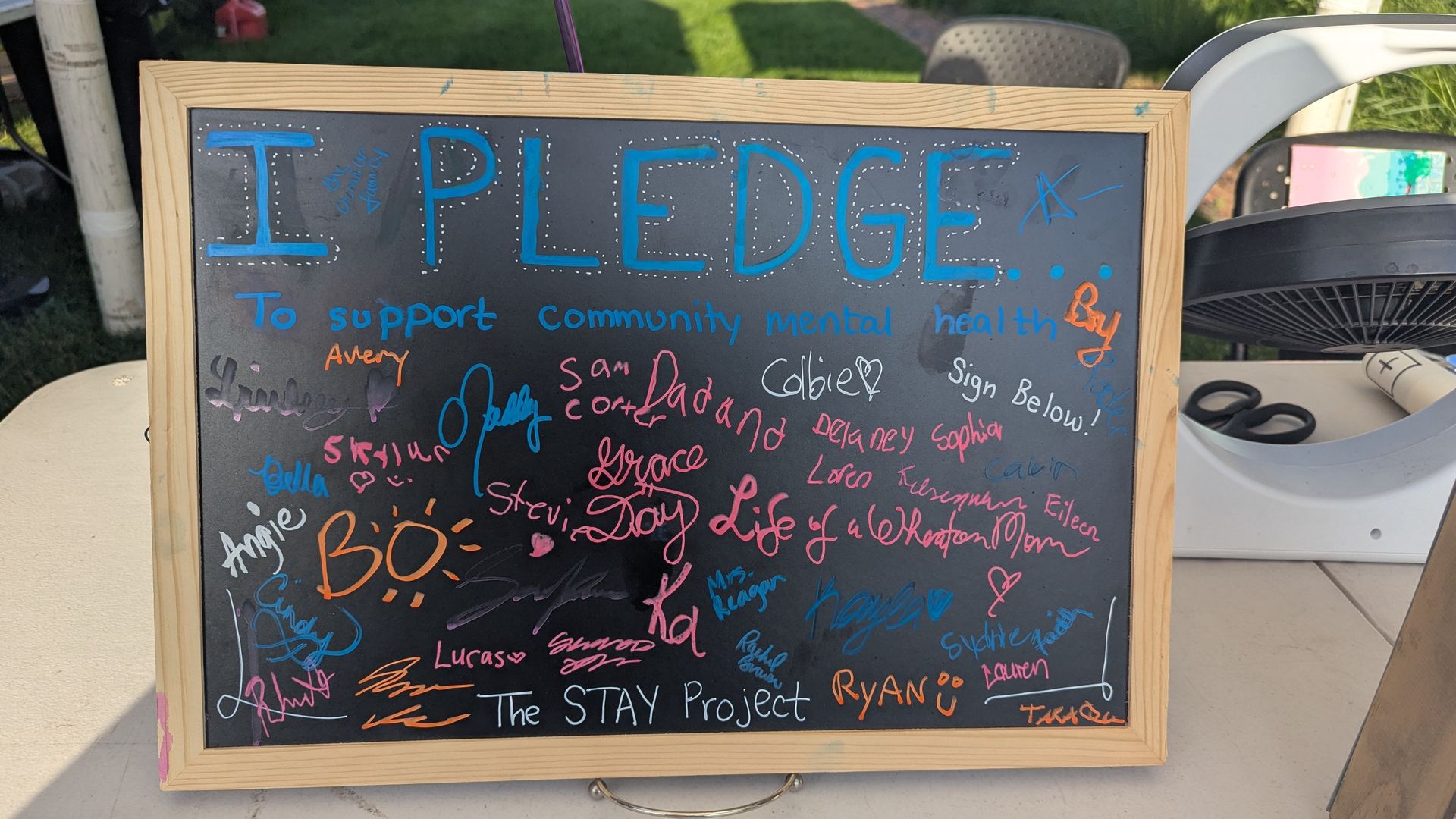 The 'I Pledge' board filled with community signatures supporting mental health