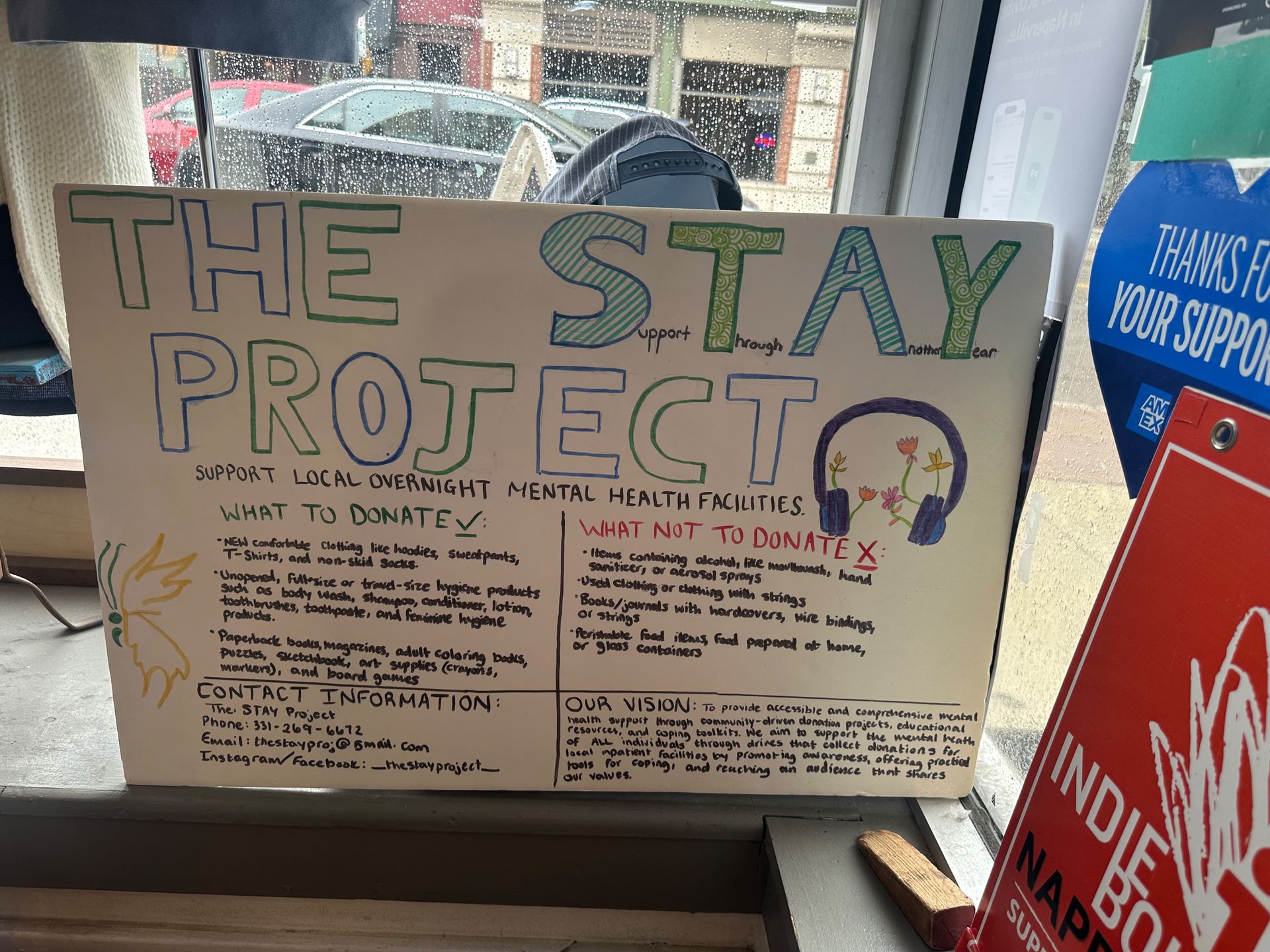 Poster listing accepted items at a STAY Project goods drive