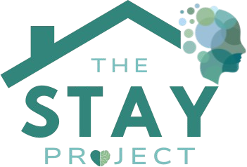 The STAY Project logo — a teal house roofline beside a profile of a head made of overlapping green, teal, and blue circles